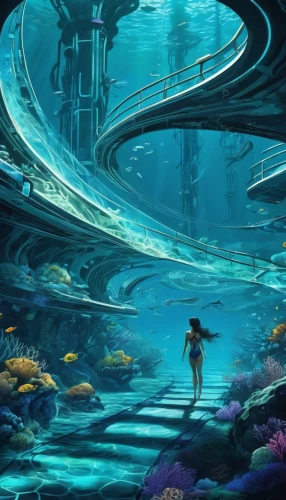 underwater landscape,futuristic landscape,underwater background,ocean floor,undersea,underwater oasis,exploration of the sea,underwater playground,under sea,ocean underwater,aquarium,under the sea,sci fiction illustration,submerged,under the water,aqua studio,underwater world,atlantis,coral reef,mermaid background,Conceptual Art,Sci-Fi,Sci-Fi 24