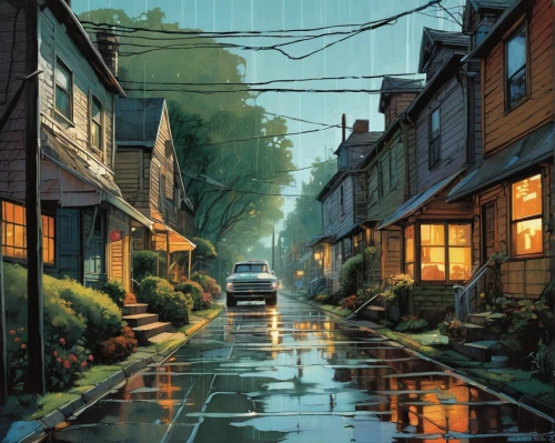 rainy,studio ghibli,after rain,rainy day,after the rain,alley,neighborhood,old linden alley,puddle,evening atmosphere,rainstorm,alleyway,world digital painting,digital painting,in the rain,suburb,suburbs,the street,light rain,rainy season,Conceptual Art,Oil color,Oil Color 04