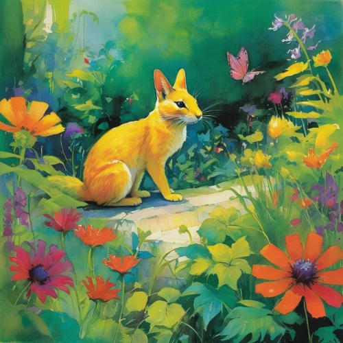 bunny on flower,garden-fox tail,flower animal,flower painting,springtime background,a fox,little fox,yellow garden,saffron bun,flora,fennec,child fox,corgi,fox,little rabbit,rainbow rabbit,cottontail,spring unicorn,hare trail,cute fox,Illustration,Paper based,Paper Based 12