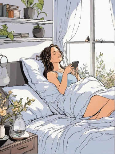 camera illustration,woman on bed,coffee tea illustration,bedroom,morning mood,relaxed young girl,windowsill,in the morning,woman holding a smartphone,sleeping,window sill,bedroom window,resting,breakfast in bed,girl in bed,relaxing reading,napping,relaxm,on the phone,sleeping rose,Illustration,American Style,American Style 06