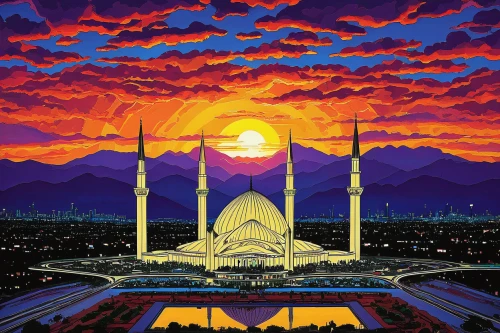 faisal mosque,tehran,travel poster,mosques,futuristic landscape,grand mosque,minarets,temples,fantasy city,makkah,valley of the moon,1980s,big mosque,1986,epcot center,temple fade,star mosque,1982,sky city,samarkand,Illustration,Black and White,Black and White 21