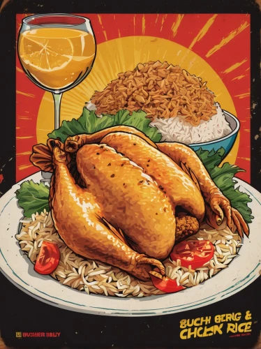 chicken rice,arroz con pollo,chop suey,spiced rice,spanish rice,nasi kuning,puerto rican cuisine,jollof rice,nasi campur,filipino cuisine,cd cover,cuban food,hainanese chicken rice,yellow chicken,gallo pinto,chile relleno,nasi uduk,singaporean cuisine,filipino cusine,sticky rice,Illustration,American Style,American Style 10