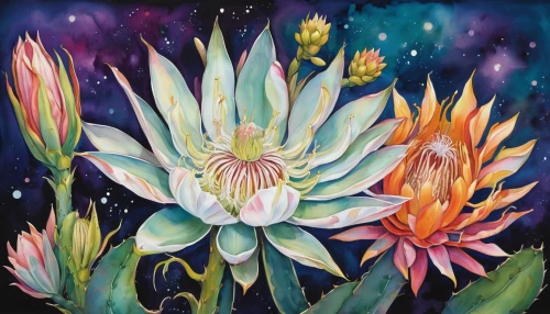 night-blooming cereus,night-blooming cactus,watercolor cactus,cosmic flower,protea,cluster-lilies,moonlight cactus,flower painting,cactus flower,lotus flowers,sacred lotus,cactus flowers,epiphyllum,protea family,starflower,lotus flower,giant protea,large-flowered cactus,lotus blossom,peniocereus,Illustration,Abstract Fantasy,Abstract Fantasy 13