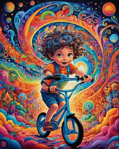 artistic cycling,woman bicycle,girl with a wheel,bicycle,bike kids,psychedelic art,bicycle ride,cycling,racing bicycle,bicycling,bicycle riding,children's background,bike,cyclist,little girl in wind,scooter riding,biking,bicycles,bycicle,biker,Illustration,Realistic Fantasy,Realistic Fantasy 39
