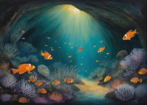 underwater landscape,underwater background,anemone fish,coral reef fish,school of fish,underwater oasis,underwater world,fishes,underwater fish,undersea,aquarium,under the sea,under sea,discus fish,aquarium lighting,coral reef,deep sea,sea life underwater,ocean underwater,oil painting on canvas,Illustration,Abstract Fantasy,Abstract Fantasy 15