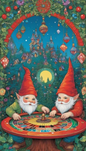 gnomes,gnomes at table,scandia gnomes,gnome and roulette table,elves,gnome ice skating,gnome skiing,gnome,hanging elves,children's fairy tale,elves flight,scandia gnome,santa clauses,toadstools,fairytale characters,valentine gnome,elf,mantra om,fairy forest,yule,Illustration,Abstract Fantasy,Abstract Fantasy 04