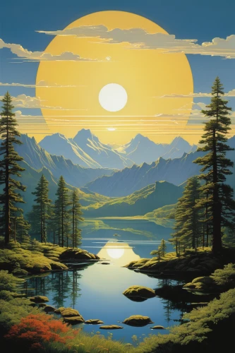 mountain sunrise,high landscape,landscape background,earth rise,mountain landscape,nature landscape,futuristic landscape,mountain scene,salt meadow landscape,sun reflection,forest landscape,3-fold sun,mountainous landscape,an island far away landscape,landscapes,dune landscape,spruce forest,plains,altiplano,equinox,Conceptual Art,Sci-Fi,Sci-Fi 21