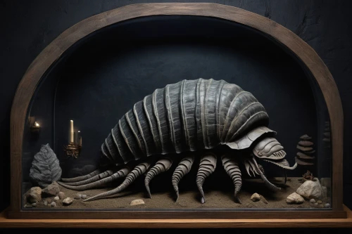 trilobite,deep sea nautilus,isopod,nautilus,chambered nautilus,ammonite,mollusk,png sculpture,aquarium decor,scrap sculpture,paper art,arthropod,mollusc,gastropod,skull sculpture,sculptor ed elliott,stoneware,fish skeleton,gastropods,allies sculpture,Illustration,Abstract Fantasy,Abstract Fantasy 07