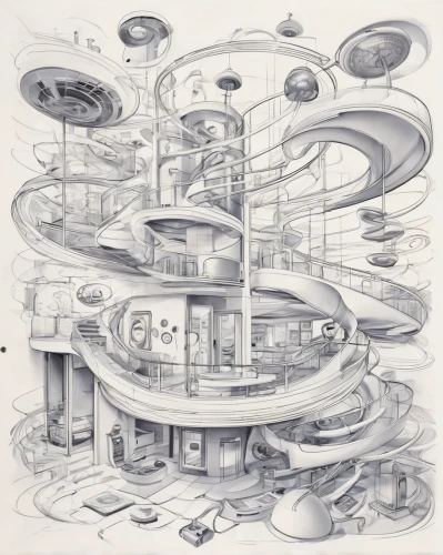 orrery,panopticon,futuristic architecture,panoramical,airships,sci fiction illustration,spiralling,torus,spaceship space,ufo interior,flying saucer,circular staircase,cd cover,structures,saucer,klaus rinke's time field,futuristic landscape,futuristic art museum,sky space concept,airspace,Conceptual Art,Sci-Fi,Sci-Fi 24