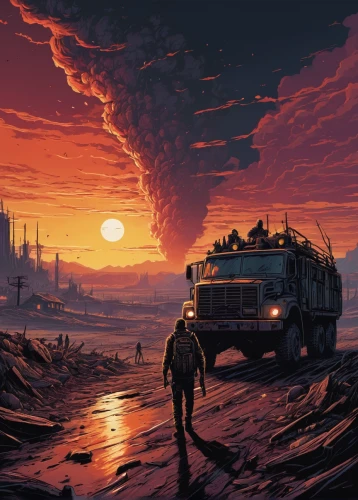 post-apocalyptic landscape,sci fiction illustration,post apocalyptic,wasteland,post-apocalypse,apocalyptic,game illustration,wanderer,apocalypse,traveller,the wanderer,cargo,digital nomads,truck stop,desolate,gas planet,travelers,scorched earth,mad max,sand road,Illustration,Realistic Fantasy,Realistic Fantasy 25