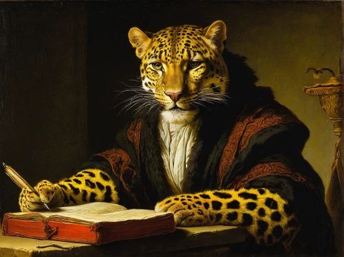 jaguar,scholar,ocelot,cheetah,leopard,felidae,child with a book,self-portrait,king caudata,leopard head,anthropomorphized animals,author,type royal tiger,landseer,manuscript,tutor,cat portrait,ocicat,meticulous painting,a tiger,Art,Classical Oil Painting,Classical Oil Painting 06