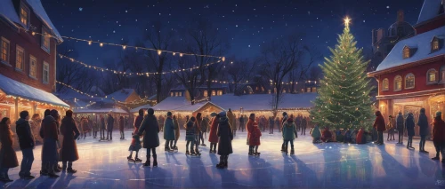 christmas market,christmas landscape,advent market,christmas scene,winter village,christmas snowy background,ice rink,christmas town,winter festival,the holiday of lights,carol singers,carolers,christmasbackground,ice skating,skating rink,winter background,snow scene,the occasion of christmas,lights serenade,string of lights,Illustration,Realistic Fantasy,Realistic Fantasy 44