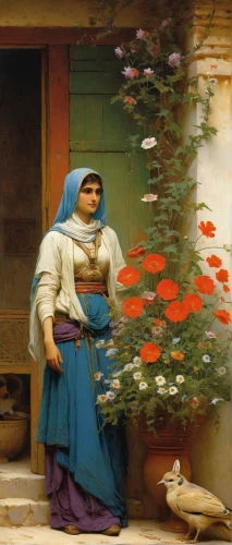 girl picking flowers,woman at the well,orientalism,woman holding pie,girl in the garden,girl with cloth,flower delivery,millet,bouguereau,winemaker,rosella,italian painter,la violetta,merchant,holding flowers,peddler,woman hanging clothes,persian poet,woman with ice-cream,picking flowers,Art,Classical Oil Painting,Classical Oil Painting 42