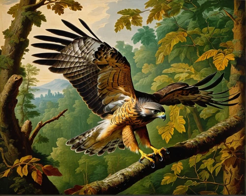 falconiformes,mountain hawk eagle,hawk animal,eagle illustration,red tailed hawk,red-tailed,african eagle,of prey eagle,robert duncanson,redtail hawk,falconer,bird painting,red tail hawk,falconry,red-tailed hawk,savannah eagle,hawk - bird,crested hawk-eagle,young hawk,hunting scene,Art,Classical Oil Painting,Classical Oil Painting 21