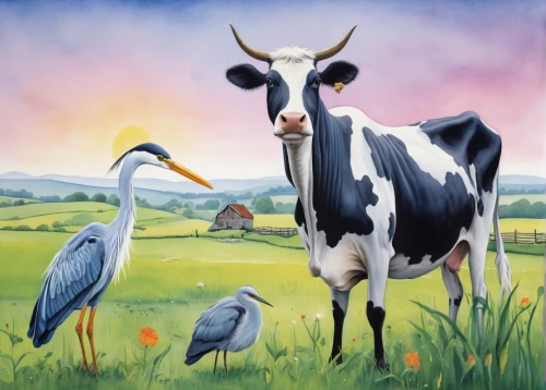 cow heron,oxen,holstein cattle,zebu,livestock,holstein cow,farm animals,dairy cows,two cows,cows on pasture,livestock farming,farm background,ruminants,cows,dairy cow,storks,holstein-beef,cattle egret,dairy cattle,landfowl,Art,Artistic Painting,Artistic Painting 33