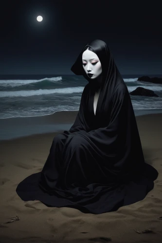 dark beach,girl on the dune,goth woman,depressed woman,the nun,vampira,beach moonflower,dead bride,of mourning,dark art,gothic portrait,the night of kupala,gothic woman,pierrot,seven sorrows,mourning,full moon day,praying woman,black beach,head stuck in the sand,Conceptual Art,Daily,Daily 14
