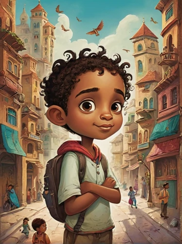 miguel of coco,riad,mowgli,abdel rahman,hushpuppy,cairo,a collection of short stories for children,kabir,antigua,book cover,agnes,child with a book,heliopolis,aladha,main character,kids illustration,medina,cute cartoon character,coco,the cairo,Illustration,Abstract Fantasy,Abstract Fantasy 10