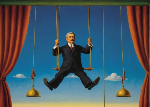 el salvador dali,tightrope walker,tightrope,hanged,puppeteer,swings,businessman,high-wire artist,trapeze,advertising figure,marionette,holder,hanged man,circus show,conductor,puppet theatre,static trapeze,dow jones,hang em high,golden swing,Art,Artistic Painting,Artistic Painting 06