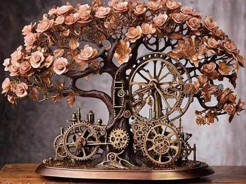 steampunk gears,steampunk,scrap sculpture,laurel clock vine,vintage flowers,vintage ornament,grandfather clock,quince decorative,valentine clock,clockmaker,flower arrangement lying,garden decor,cuckoo clocks,cuckoo clock,wood and flowers,music box,garden decoration,flowers in wheel barrel,basket with flowers,flower cart,Illustration,Realistic Fantasy,Realistic Fantasy 13