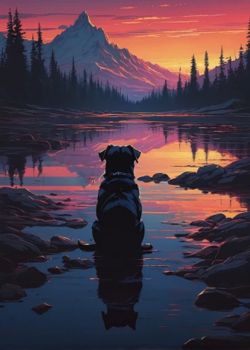 alaska,dog illustration,dusk background,dog in the water,dusk,mountain sunrise,alpine sunset,would a background,dog hiking,bear guardian,mt hood,mount hood,companion dog,background screen,giant schnauzer,shasta,oregon,montana,digital painting,vigilant dog,Conceptual Art,Fantasy,Fantasy 32