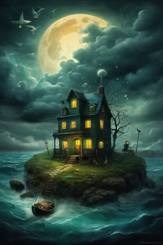 witch house,witch's house,lonely house,haunted house,the haunted house,house with lake,house by the water,house of the sea,fisherman's house,fantasy picture,haunted castle,ghost castle,moonlit night,ghost ship,halloween background,creepy house,cottage,little house,ancient house,house silhouette,Illustration,Abstract Fantasy,Abstract Fantasy 01