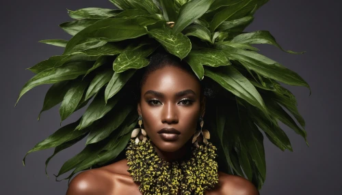 callaloo,laurel wreath,background ivy,girl in a wreath,rwanda,dryad,plant and roots,tropical greens,flora,african woman,natural cosmetics,pineapple head,linden blossom,rooted,palm leaves,breadfruit,natura,tropical floral background,exotic flower,exotic plants,Photography,Fashion Photography,Fashion Photography 13