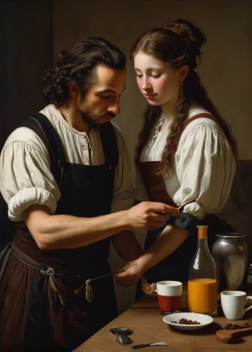 woman drinking coffee,dutch coffee,pouring tea,young couple,bougereau,girl in the kitchen,café au lait,woman holding pie,tanacetum balsamita,girl with bread-and-butter,coffee pot,meticulous painting,holding cup,painting technique,man and wife,the coffee,espresso,a cup of coffee,coffeemaker,coffee maker,Art,Classical Oil Painting,Classical Oil Painting 26