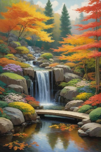 autumn landscape,fall landscape,landscape background,brook landscape,river landscape,autumn scenery,autumn background,nature landscape,robert duncanson,autumn idyll,forest landscape,mountain stream,fantasy landscape,natural landscape,flowing creek,koi pond,a small waterfall,beautiful landscape,mountain spring,cascading,Art,Classical Oil Painting,Classical Oil Painting 15