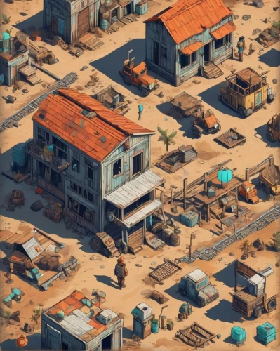 mud village,human settlement,wasteland,slum,settlement,scrapyard,slums,farmstead,villages,isometric,rustico,factories,post apocalyptic,industrial area,post-apocalyptic landscape,collected game assets,suburb,cargo containers,roofs,refinery,Unique,3D,Isometric