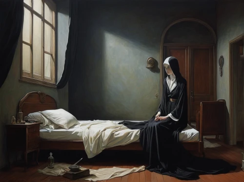 the annunciation,praying woman,nuns,woman on bed,the nun,pietà,patient,woman praying,depressed woman,the morgue,therapy room,the magdalene,of mourning,nun,gothic portrait,carmelite order,benedictine,treatment room,lover's grief,seven sorrows,Conceptual Art,Daily,Daily 14
