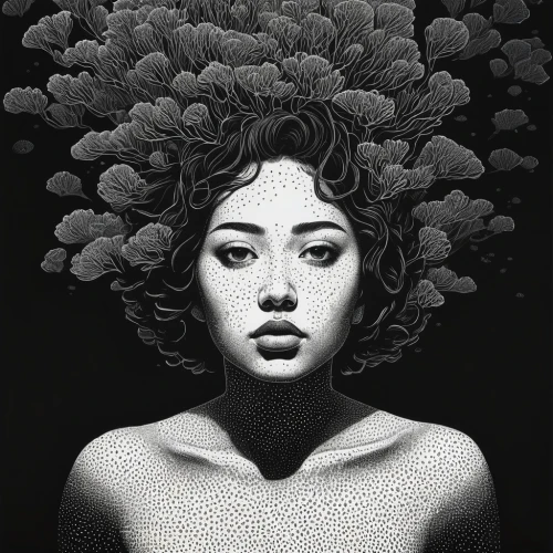 rooted,graphite,bough,grayscale,linden blossom,han thom,digital illustration,romanesco,dryad,gray-scale,romanescu,afro,mother nature,mystical portrait of a girl,girl in a wreath,pencil drawings,girl with tree,tree crown,dry bloom,surrealistic,Illustration,Black and White,Black and White 16