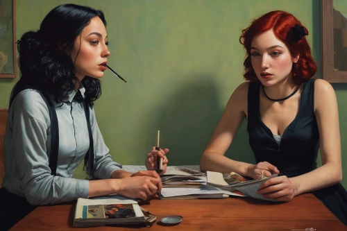 cigarette girl,girl smoke cigarette,smoking girl,young women,clue and white,conversation,oil painting,two girls,cigarette,oil painting on canvas,art painting,smoking cessation,artists,consulting room,woman thinking,business women,meticulous painting,receptionists,psychotherapy,pipe smoking,Illustration,Realistic Fantasy,Realistic Fantasy 07