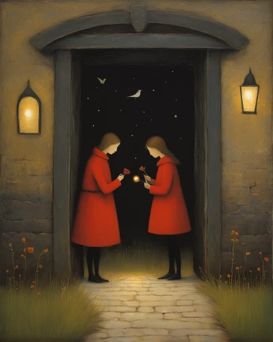 the annunciation,tea-lights,night scene,carol singers,candlemas,candlelights,tea lights,communion,fireflies,celebration of witches,carol colman,romantic night,candlemaker,candle light,fairy lanterns,first advent,third advent,lanterns,witches,candlelight,Illustration,Abstract Fantasy,Abstract Fantasy 15