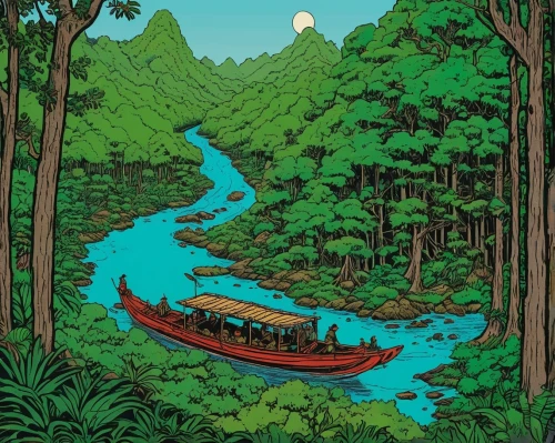 mekong,boat landscape,canoe,canoeing,vietnam,laos,river landscape,canoes,fishing float,kerala,dugout canoe,lake tanuki,travel poster,pachamama,a river,dragon boat,aura river,canoe polo,studio ghibli,floating on the river,Illustration,Vector,Vector 15