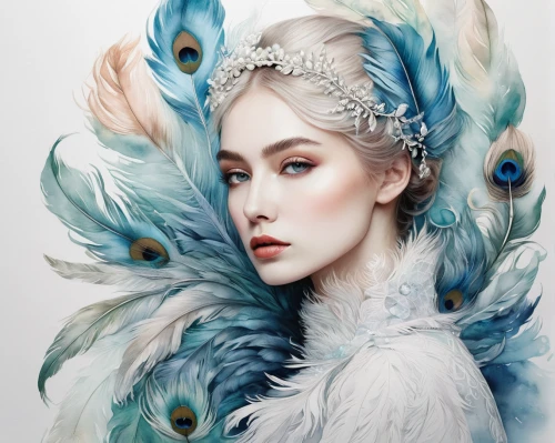 fairy peacock,blue peacock,white swan,peacock,blue bird,feather headdress,fantasy portrait,the snow queen,blue birds and blossom,blue parrot,suit of the snow maiden,peafowl,faery,ice queen,bluejay,feathers,fairy queen,birds of the sea,fashion illustration,feathered,Photography,Artistic Photography,Artistic Photography 12