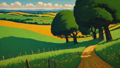 rural landscape,tuscan,grant wood,farm landscape,campagna,green fields,travel poster,south downs,rolling hills,exmoor,green landscape,landscape,alentejo,agricultural,fields,hare field,hare trail,olle gill,country road,rural,Art,Classical Oil Painting,Classical Oil Painting 30