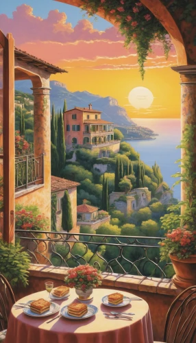 tuscan,sicilian cuisine,portofino,positano,mediterranean,taormina,italian painter,home landscape,tuscany,volterra,liguria,panoramic landscape,italy,bistro,cinque terre,mediterranean cuisine,landscape background,idyllic,landscape,italian food,Conceptual Art,Sci-Fi,Sci-Fi 18