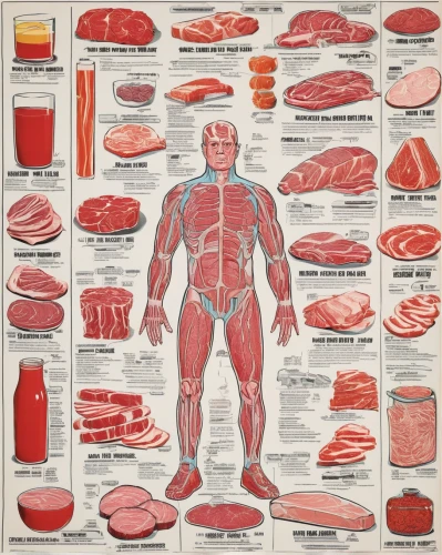 human body anatomy,muscular system,meat chart,meat analogue,human anatomy,meat products,anatomical,cured meat,the human body,salt-cured meat,raw meat,anatomy,human internal organ,meats,human digestive system,charcuterie,red meat,human body,salumi,jamón,Illustration,American Style,American Style 15