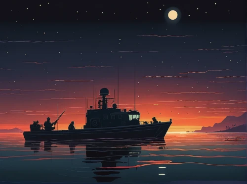 sea scouts,fishing trawler,fishing boat,sea night,cruiser aurora,seafarer,patrol boat,convoy rescue ship,seafaring,naval trawler,fishing vessel,lightship,fishfinder,survey vessel,fishing boats,boat landscape,coast guard,fishing float,night watch,dusk background,Illustration,Vector,Vector 05