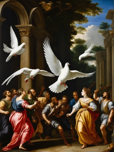 doves of peace,pentecost,doves and pigeons,pigeons and doves,dove of peace,a flock of pigeons,doves,holy spirit,birds in flight,apollo and the muses,peace dove,flying birds,flock of birds,birds flying,the annunciation,pigeons,colomba di pasqua,white pigeons,pigeon flight,seagulls flock,Art,Classical Oil Painting,Classical Oil Painting 21