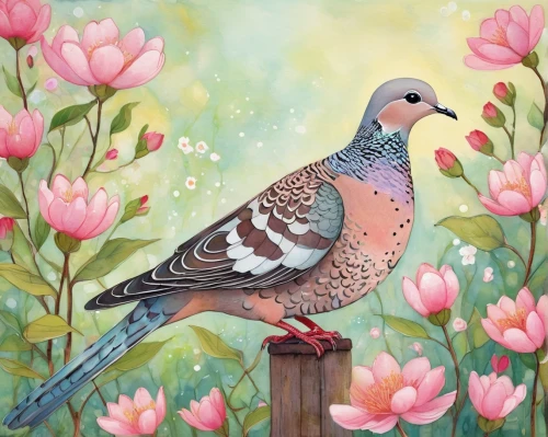 spring bird,turtle dove,flower and bird illustration,turtledove,speckled pigeon,passenger pigeon,bird painting,zebra dove,spotted turtle dove,spotted dove,plumed-pigeon,mourning doves diamond,floral and bird frame,turtledoves,peace dove,beautiful dove,domestic pigeon,rock dove,springtime background,american mourning dove,Illustration,Abstract Fantasy,Abstract Fantasy 07