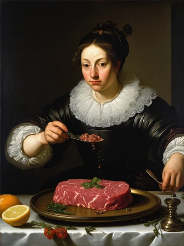 woman holding pie,woman eating apple,girl with bread-and-butter,girl in the kitchen,girl with cereal bowl,tapenade,woman with ice-cream,carpaccio,portrait of a woman,girl with cloth,portrait of a girl,gastronomy,bacon jam,meticulous painting,holstein-beef,bolognese,cookery,woman sitting,beef mince,pâté,Art,Classical Oil Painting,Classical Oil Painting 26