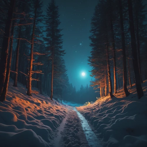 winter forest,snow trail,midnight snow,night snow,trail,winter background,light of night,forest road,christmas landscape,coniferous forest,winter dream,moonlit night,forest path,winter landscape,digital painting,the path,world digital painting,winter magic,mountain road,hollow way,Photography,Documentary Photography,Documentary Photography 16