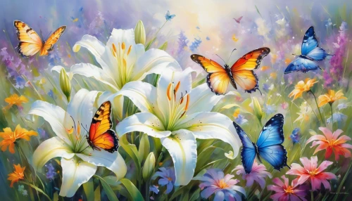 butterfly background,butterfly floral,butterflies,rainbow butterflies,white butterflies,blue butterflies,flower painting,moths and butterflies,splendor of flowers,lilies,lilies of the valley,flower background,jewel bugs,sea of flowers,blanket of flowers,julia butterfly,butterfly white,springtime background,ulysses butterfly,passion butterfly,Conceptual Art,Oil color,Oil Color 03
