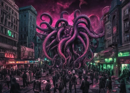 pink octopus,calamari,kraken,tentacles,octopus,tentacle,sci fiction illustration,octopus tentacles,medusa,fun octopus,world digital painting,concept art,cg artwork,neon ghosts,symbiotic,medusa gorgon,digital illustration,cuthulu,parasite,apiarium,Illustration,Realistic Fantasy,Realistic Fantasy 47