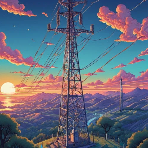 transmission tower,cell tower,electricity pylons,electric tower,telephone poles,power pole,telephone pole,powerlines,power line,cellular tower,power lines,electricity pylon,pylons,pylon,dusk background,radio masts,connected,dusk,wires,landscape background,Unique,3D,Isometric