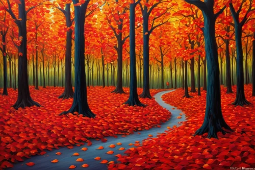 autumn forest,autumn trees,autumn landscape,forest road,tree lined lane,forest landscape,tree grove,tree lined path,deciduous forest,forest path,maple road,fall landscape,birch forest,autumn walk,row of trees,chestnut forest,forest glade,pathway,beech trees,autumn background,Illustration,Retro,Retro 02