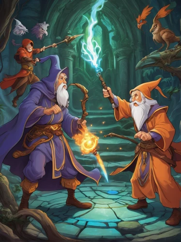 game illustration,wizards,wizard,the wizard,gnomes,druid grove,magus,scandia gnomes,scandia gnome,exchange of ideas,mage,summoner,gandalf,fantasy picture,magical adventure,druids,confrontation,cg artwork,advisors,orange robes,Illustration,Children,Children 01