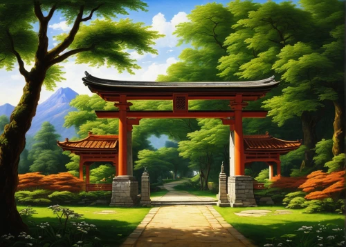 landscape background,torii,japanese shrine,cartoon video game background,japan landscape,japanese background,japanese garden,senbon torii,oriental painting,victory gate,torii tunnel,japan garden,forest landscape,forest background,shinto shrine,world digital painting,japanese garden ornament,tsukemono,japanese art,backgrounds,Art,Classical Oil Painting,Classical Oil Painting 21