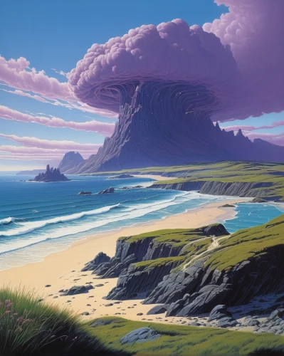 coastal landscape,an island far away landscape,mushroom island,beach landscape,dune landscape,fantasy landscape,futuristic landscape,purple landscape,volcanic landscape,mushroom landscape,mountain beach,cliffs ocean,kei islands,islands,sand coast,isle,sea landscape,landscape background,island of fyn,high landscape,Conceptual Art,Sci-Fi,Sci-Fi 21